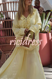 Solid Color Pleated Ruffled Tie Long Sleeve Loose Shirt