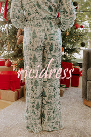 Christmas Night Satin Loose Shirt and Elastic Waist Pocketed Pajama Set