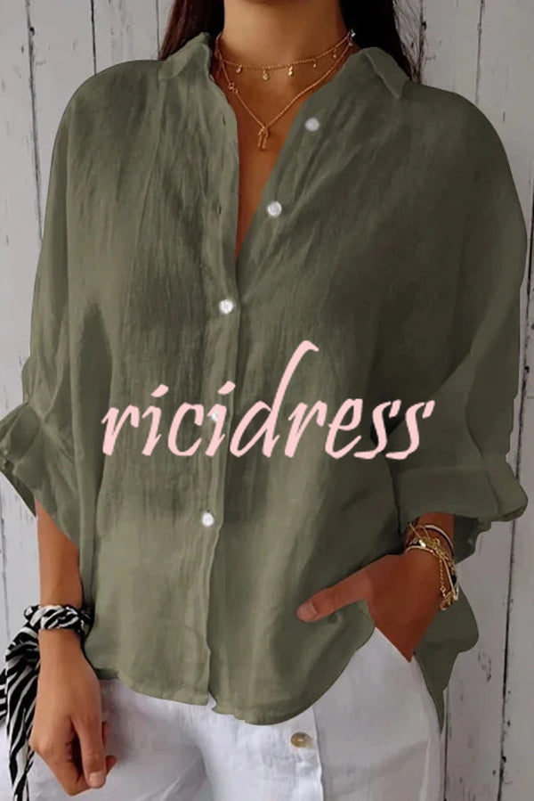 Linen Blend Solid Color Tie Back Loose Shirt Top