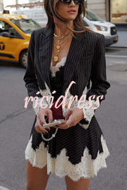 Emily in Paris Striped Lace Trim Lapel Crop Loose Blazer