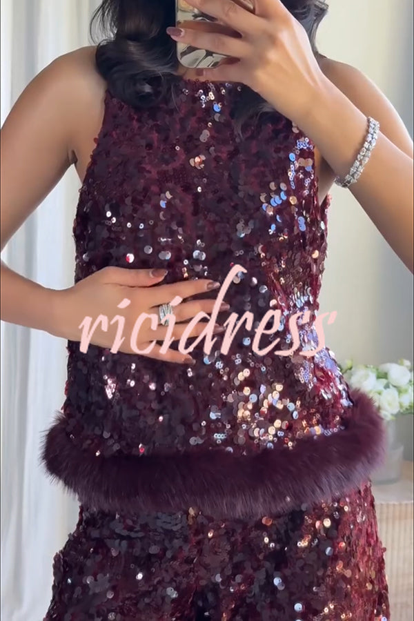 Gala Goddess Sequin Faux Fur Trim Crew Neck Sleeveless Loose Top