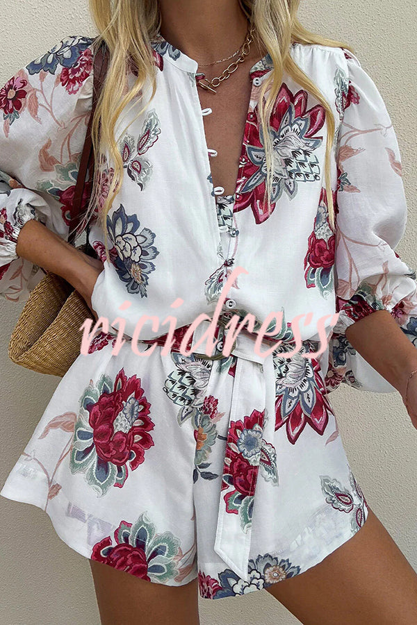 Floral Print Elegant Long Sleeve Waist Tie Casual Rompers