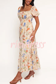 Dreamy Floral Print Square Neck Puff Sleeve Smocked Maxi Dress