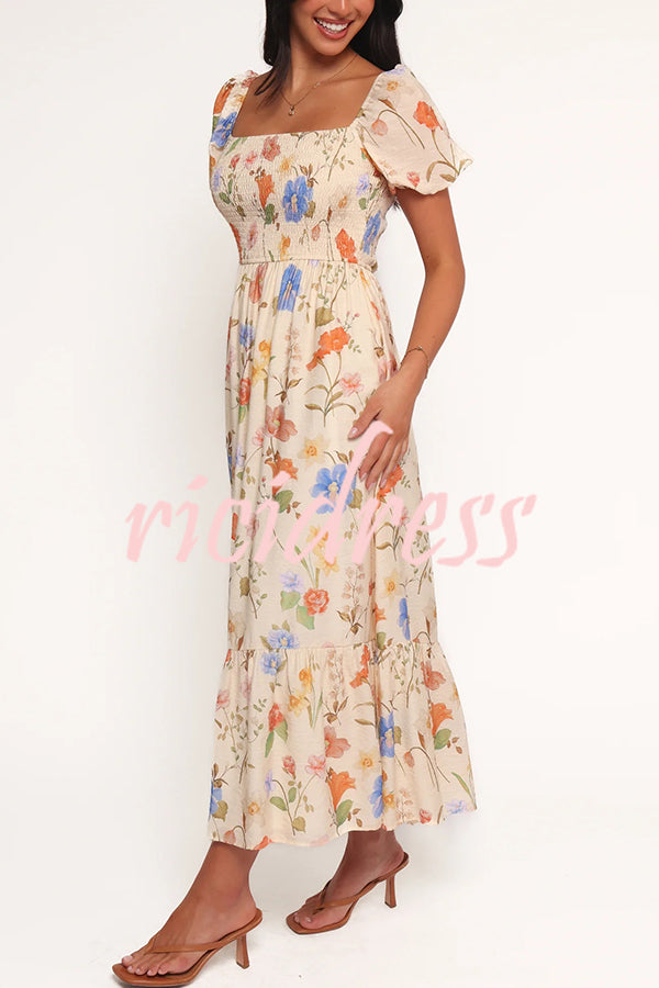 Dreamy Floral Print Square Neck Puff Sleeve Smocked Maxi Dress
