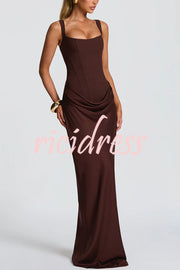 Larrah Square Neck Back Lace-up Satin Drape Hem Maxi Dress