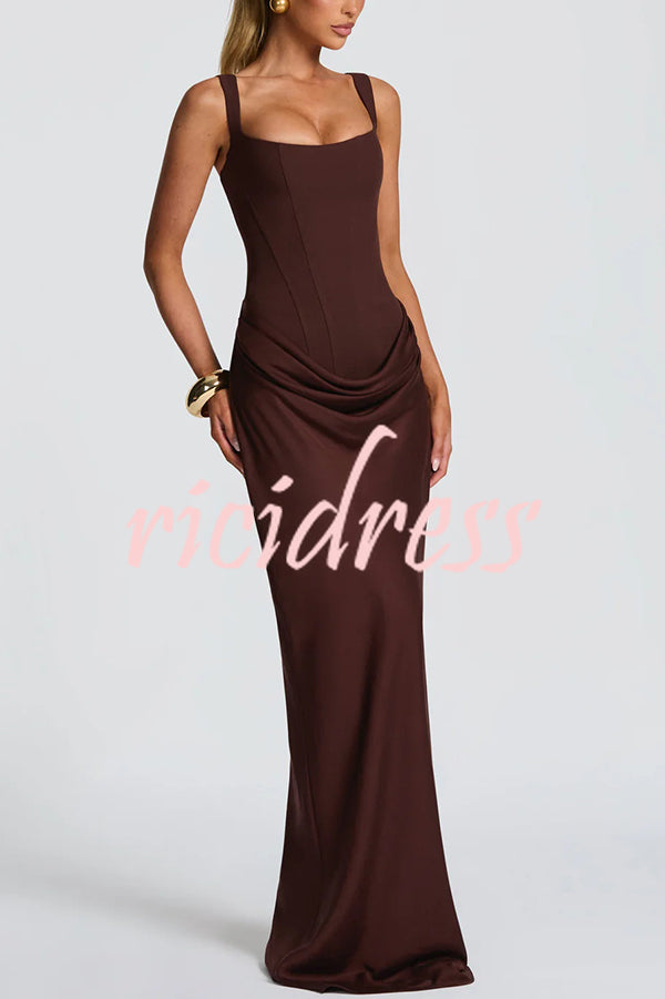 Larrah Square Neck Back Lace-up Satin Drape Hem Maxi Dress