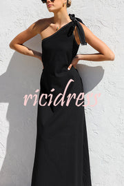 Solid Color One-shoulder Strappy Elegant Sloping Collar Loose Maxi Dress