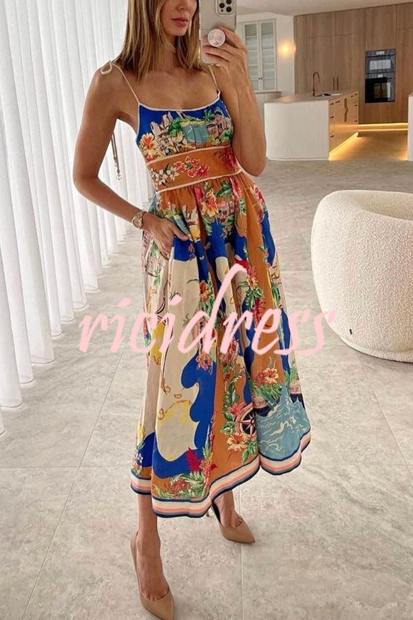 Unique Printed Lace-up Suspender Pockets Casual Resort Style Midi Dress