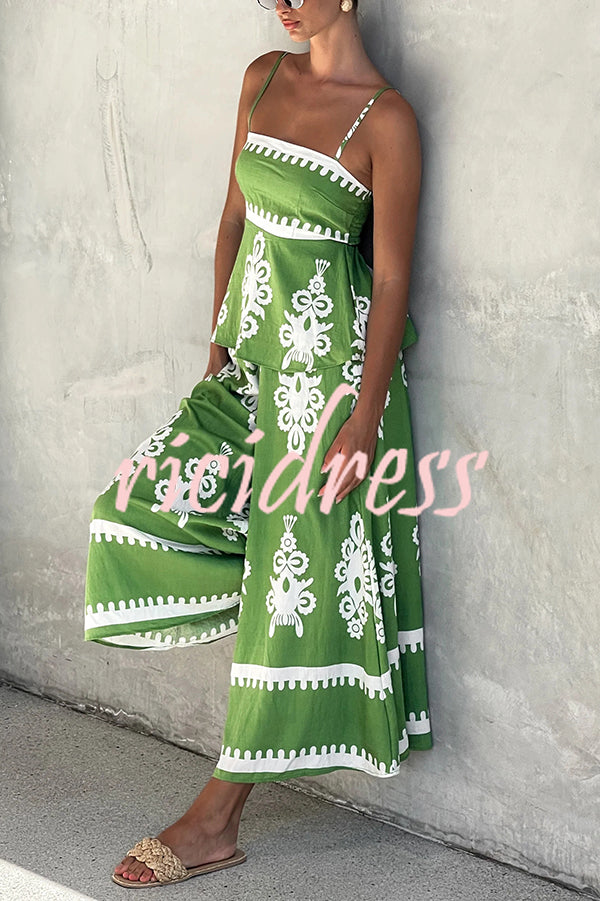 Unique Ethnic Print Suspender Pleated Top and Elastic Waist Loose Wide-leg Pants Set