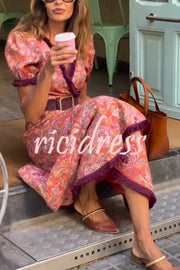 Bohemian Floral Print Elegant Puff Sleeve Holiday Maxi Dress