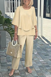 Fashion Round Neck Half Sleeve Loose Top and Elastic Waist Casual Straight Pants Set