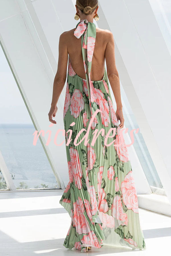 Opera Pleated Floral Halter Asymmetric Hem A-line Maxi Dress