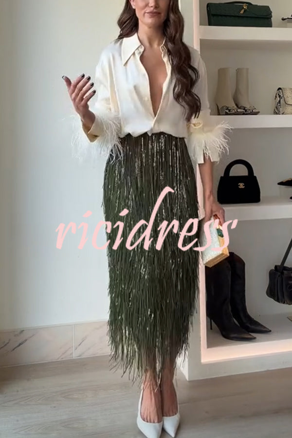 Party Crasher Layered Sequined Tassels High Rise Back Zipper Midi Skirt