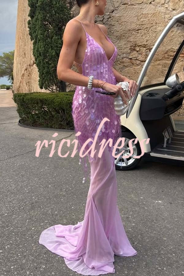 Perfect Night Sequin Embroidery Backless Drape Tulle Hem Slip Maxi Dress