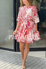 Unique Printed Round Neck Short Sleeve Waist Tie Vacation Mini Dress
