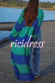 Fashionable Contrast Stripes Lazy Style Loose Long Knitted Cardigan
