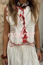 Sunny Day Linen Blend Contrast Embroidered Print Scallop Trim Lace-up Top
