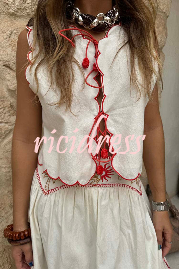 Sunny Day Linen Blend Contrast Embroidered Print Scallop Trim Lace-up Top