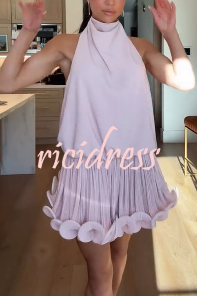 Ballerina Chic High Cowl Neck Pleated Wavy Ruffles Hem Backless Mini Dress