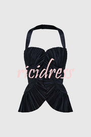 Show Exquisiteness Satin Pleated Heart-shaped Off Shoulder Halter Tank