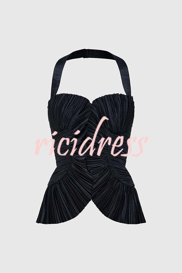 Show Exquisiteness Satin Pleated Heart-shaped Off Shoulder Halter Tank