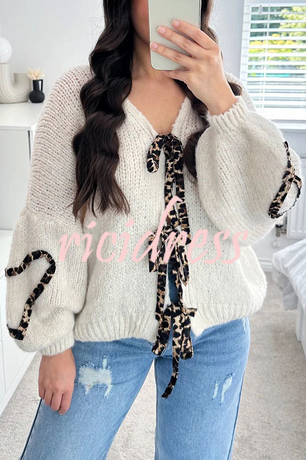 Fashionable Loose Long-sleeved Leopard Print Lace-up Knitted Sweater Cardigan