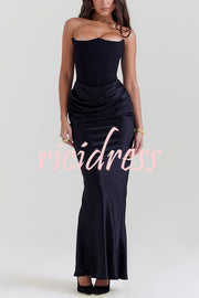 Attend The Gala Strapless Corset Satin Ruched Hip Drape Maxi Dress