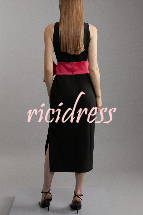 Clean Tailored Taffeta Contrast Oversized Bow Tie Waist Midi Dress