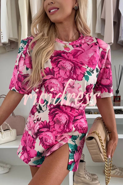 Beautiful Casual Floral Print Crew Neck Short Sleeve T-shirt and Mid Rise Split Skort Set