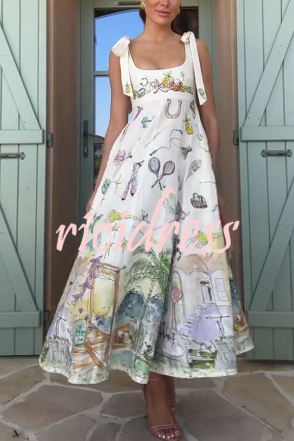Euro Summer View Linen Blend Unique Print Tie-up Straps Pocket Midi Dress