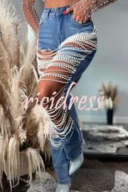 Stylish Multi-layered Pearl Chain Ripped Pocket Straight Jeans