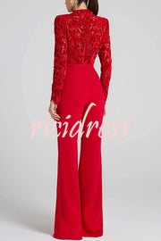 Eleanor Embroidered Floral Lace Long Sleeve Patchwork Belt Flare Jumpsuit