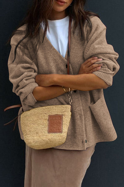 Solid Color V-Neck Button Casual Pocket Knit Cardigan