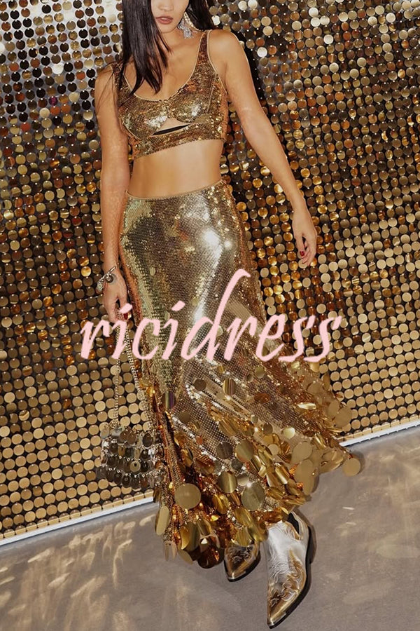 Party Sequin Button Crop Tank and Irregular Round Sequin Tassels Hem Maxi Skirt Set