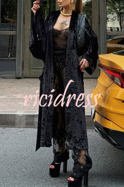 Gorgeous Glossy Velvet Long Bell Sleeve Tie-up Pocket Midi Kimono Coat