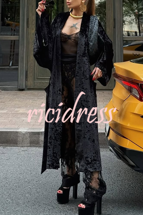 Gorgeous Glossy Velvet Long Bell Sleeve Tie-up Pocket Midi Kimono Coat