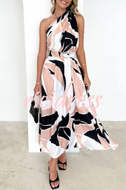 Showmaker Unique Printed Slope Neck High Waist Belted Maxi Dress