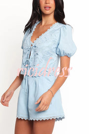 Fashionable V-neck Tie Puff Sleeve Top and Casual Pocket Shorts Set