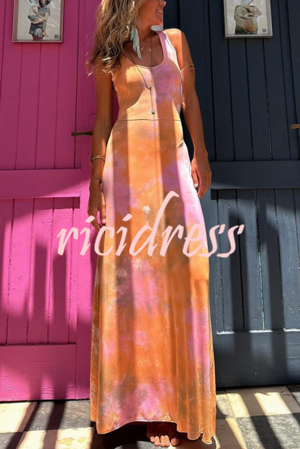 Summer Adventures Tie-dye Print Back Lace-up Stretch Maxi Dress
