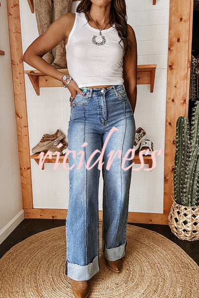Fashion High Waist Pocket Casual Straight Jeans