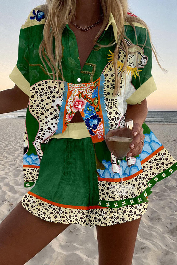 Leopard Floral Print Loose Button Elastic Waist Shorts Set