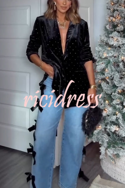 Runway Muse Denim High Rise Bow Trim Pocketed Wide Leg Jeans