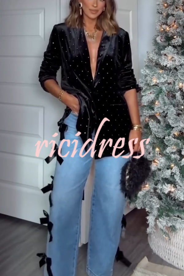 Runway Muse Denim High Rise Bow Trim Pocketed Wide Leg Jeans