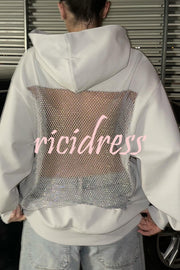 Fashionable Shiny Mesh Hollow Back Loose Long-sleeved Hooded Sweatshirt