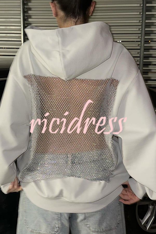 Fashionable Shiny Mesh Hollow Back Loose Long-sleeved Hooded Sweatshirt