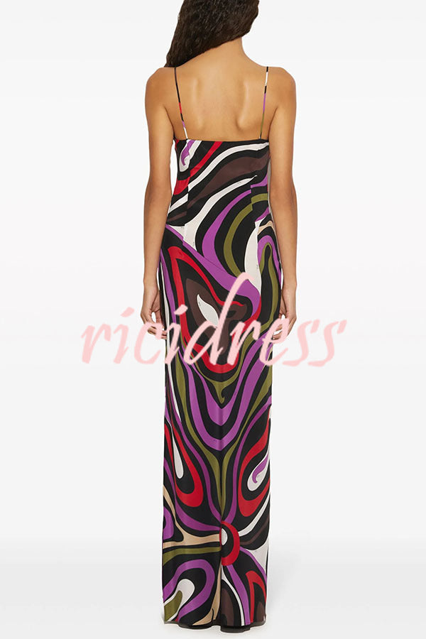 Love in Venice Unique Print V-neck Slit Slip Maxi Dress
