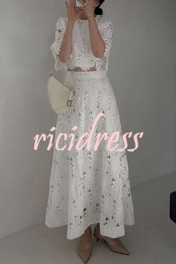 Elegant Embroidered Hollow Flowers Bell Sleeve Top and Full Hem Maxi Skirt Set