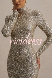 Galaxy Premium Sequin Turtle Neck Long Sleeve Maxi Dress