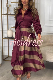 Lindsey Satin Colorblock Contrast Long Sleeve Belted Shirt Maxi Dress