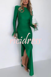 Solid Color Round Neck Ostrich Feather Long Sleeve Slim Maxi Dress